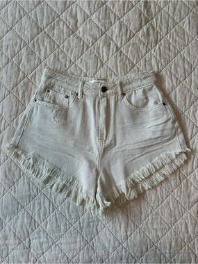 Mustard Seed White Frayed Hem High Rise Denim Shorts